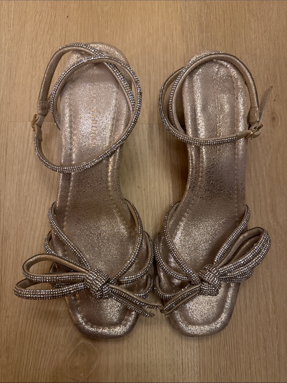 Loeffler Randall Glitter Bow Block Heel Sandals in Champagne